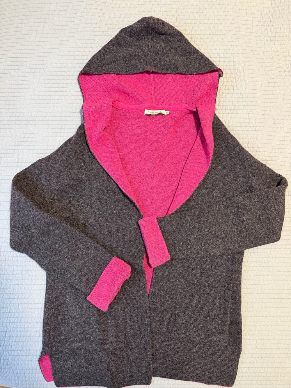Hooded Reversible Knit Cardigan - Dark Gray with Pink
